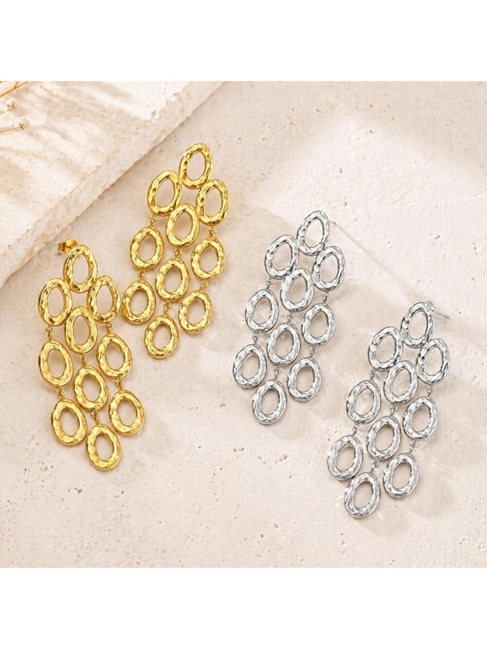 Women's Gold 18k Gold Plated Statement Hammered Chandelier Long Oval Earrings - Picture 6 of 7